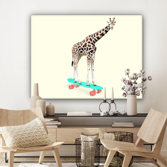 Canvas schilderij - Foto op canvas- Giraffe - Patroon - Skateboard - Roze - Dieren - 120x90 cm - Wanddecoratie