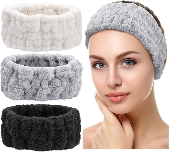 3 stuks Spa Gezicht Hoofdband voor Make-up en Wassen Gezicht Vrouwen Spa Yoga Sport Douche Gezicht Hoofdband Elastische Hoofdband voor Meisjes en Vrouwen (Zwart, Wit, Lichtgrijs)