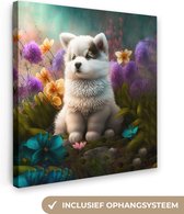 Canvas Schilderij Puppy - Bloemen - Planten - Natuur - Husky - 50x50 cm - Wanddecoratie