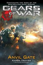 Gears of War: Anvil Gate boekcover met twee soldaten in gevecht, vuur en rook.