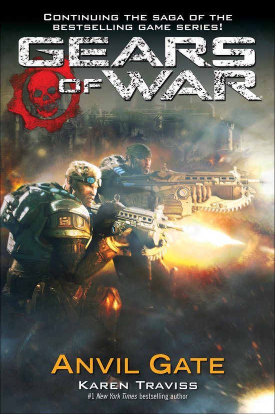 Gears of War: Anvil Gate boekcover met twee soldaten in gevecht, vuur en rook.