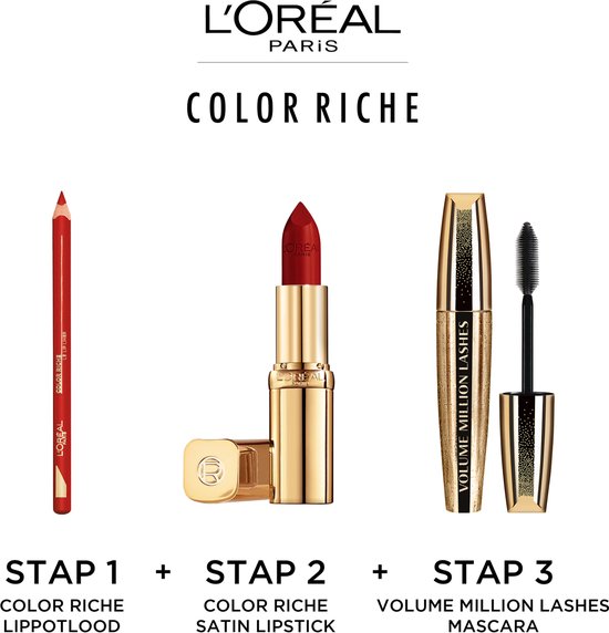 L'Oréal Color Riche lippenpotlood, lipstick en Volume Million Lashes mascara naast elkaar.