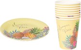 Zomer set TROPICAL Ananas Print - Geel / Multicolor - Karton - 8x bekers (400 ML) - 8x borden