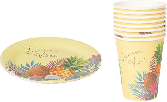 Set été TROPICAL Ananas Print - Jaune / Multicolore - Carton - 8x gobelets (400 ML) - 8x assiettes - allume-feu