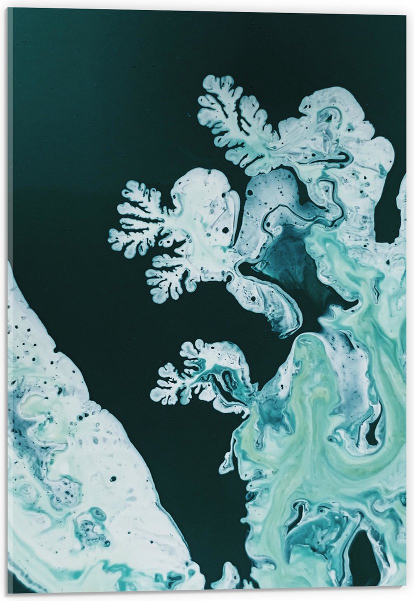 Acrylglas - Blauw, Groen en Witte Verf op Donkergroene Achtergrond - 40x60 cm Foto op Acrylglas (Met Ophangsysteem)