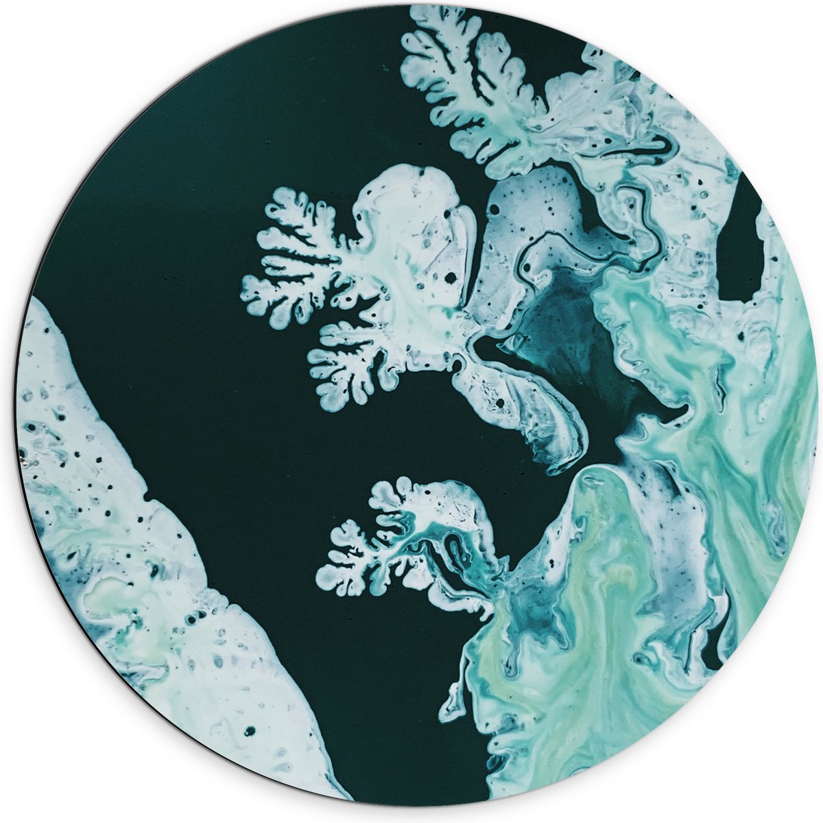 Dibond Muurcirkel - Blauw, Groen en Witte Verf op Donkergroene Achtergrond - 70x70 cm Foto op Aluminium Muurcirkel (met ophangsysteem)