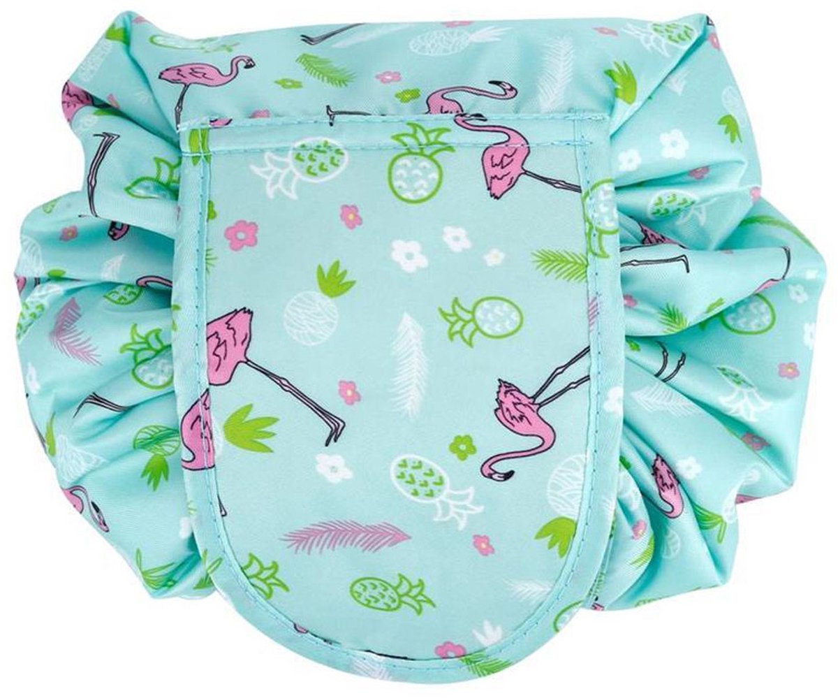 Intirilife cosmeticatas in GREEN ROSA FLAMINGO - Ronde toilettas in één stap met trekkoord om samen te trekken met 2 binnenvakken met ritssluiting, ideaal voor op reis - Voor het opbergen van make-up enz.