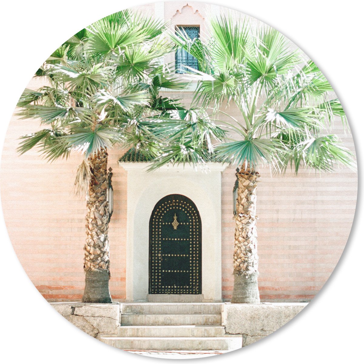 Muismat rond 20x20 cm - Mousepad Deur - Marrakesh - Palmboom - Wit - Tropisch - Ronde muismatten