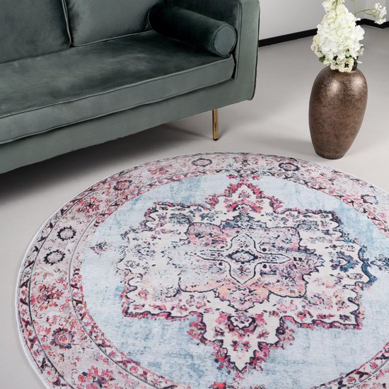 Vloerkleed rond vintage 140cm wit rood perzisch oosters tapijt