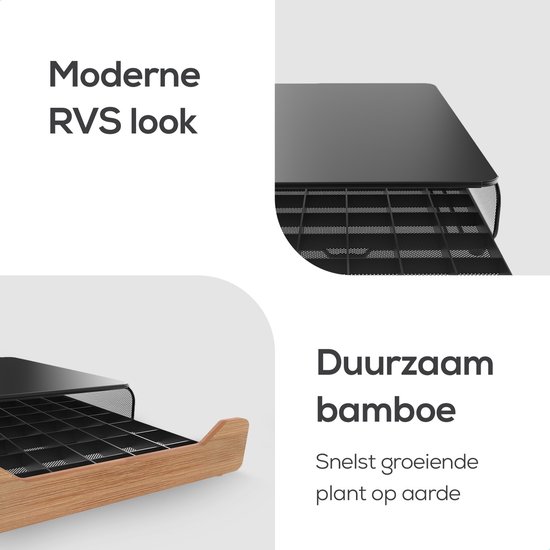 Close-up van de zwarte, roestvrijstalen look capsulehouder en de bamboe lade.