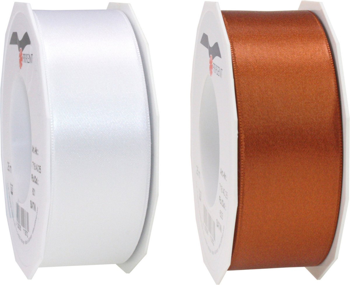 Glorex hobby - Satijn cadeau sierlint - koper en wit - 25 meter x 4 cm