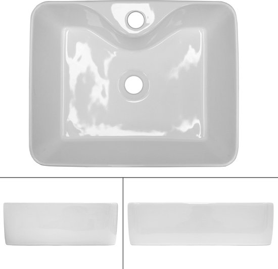 Collage d'un lavabo rectangulaire en céramique blanche : vue de dessus et vues latérales.