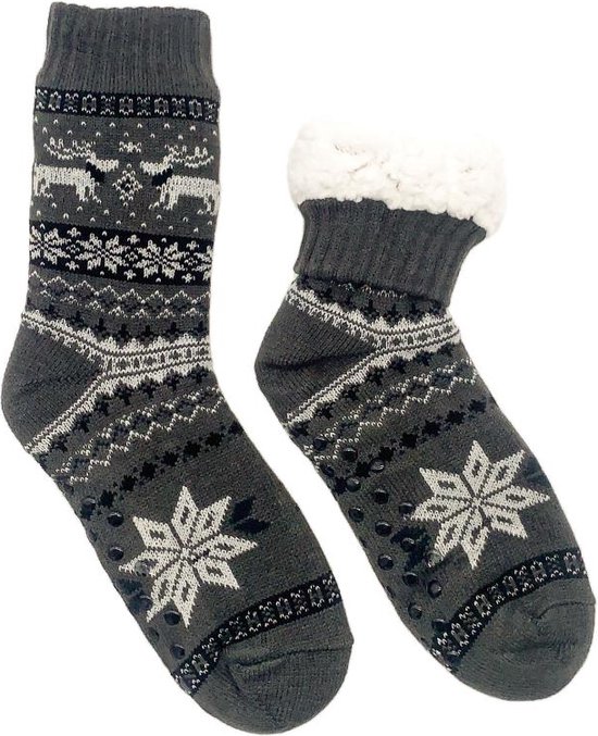 Merino schapen Wollen Sokken Heren - Donkergrijs met Rendier - 39/42 - Huissokken - Antislip sokken - Warme sokken – Winter sokken