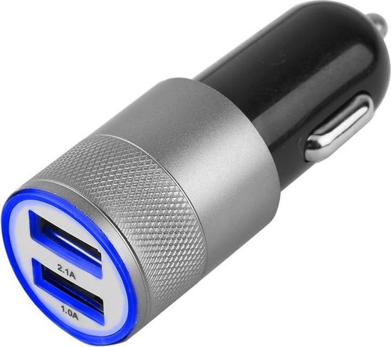 Universele Autolader (GRIJS) - 2 USB Poorten 5V 1.0 + 2.1A - inclusief Blauwe LED