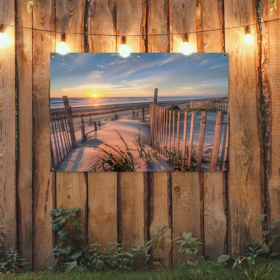 Tuinposter strand - Duin - Zonsondergang - Zee - Natuur - Landschap - Tuindoek - 120x80 cm - Tuindecoratie - Schuttingdoek - Schutting decoratie - Tuin - Tuinschilderij voor buiten - Buitenposter