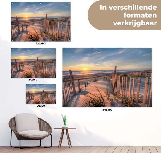Tuinposter strand - Duin - Zonsondergang - Zee - Natuur - Landschap - Tuindoek - 120x80 cm - Tuindecoratie - Schuttingdoek - Schutting decoratie - Tuin - Tuinschilderij voor buiten - Buitenposter