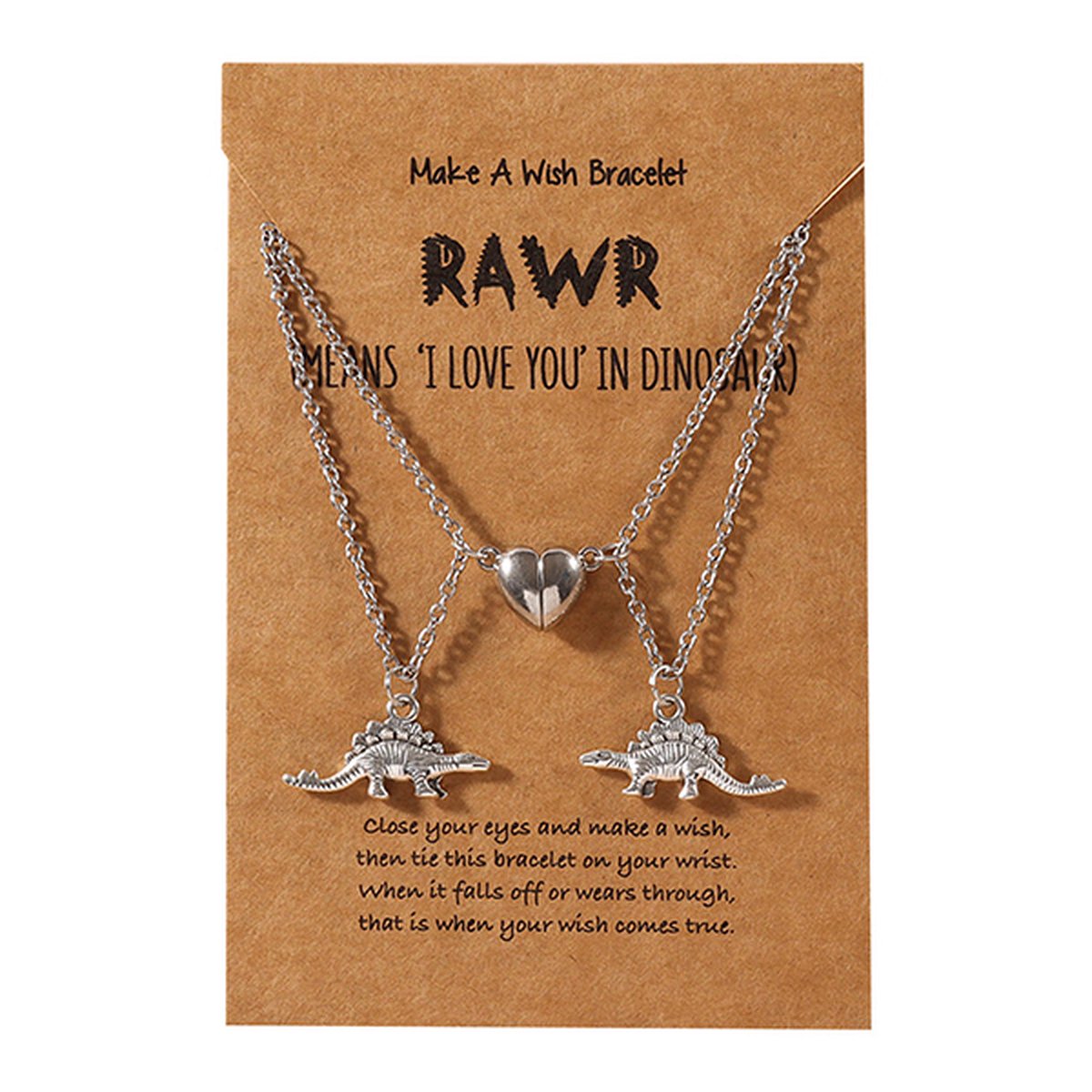 BFF Ketting voor 2 met Stegosaurus en Magneet Hartje Zilverkleurig - Dinosaurus Vriendschapsketting met Cadeau kaartje - Pax Amare