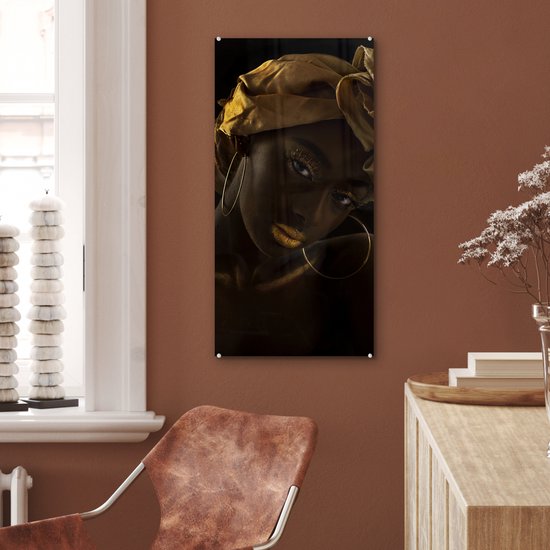 MuchoWow® Peinture sur Verre - Femmes - Foulard - Or - Luxe - 40x80 cm - Peintures sur Verre Acrylique - Photo sur Glas