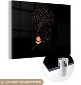 MuchoWow® Glasschilderij 160x120 cm - Schilderij acrylglas - Vrouw - Goud - Zwart - Line art - Foto op glas - Schilderijen