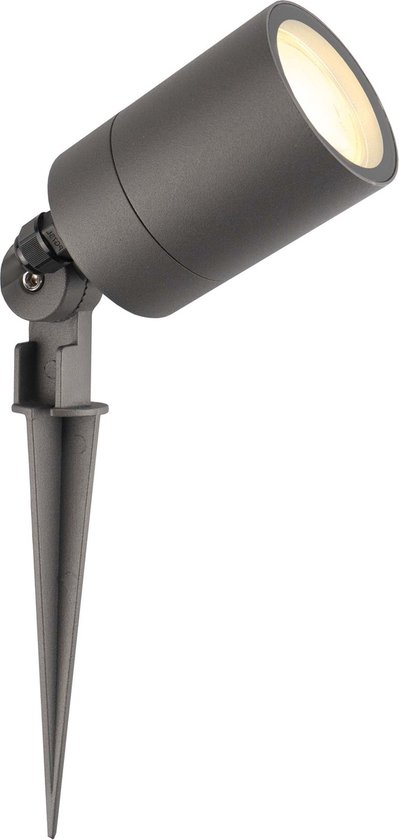 Lampe d'extérieur grise Ledvion avec piquet sur fond blanc.