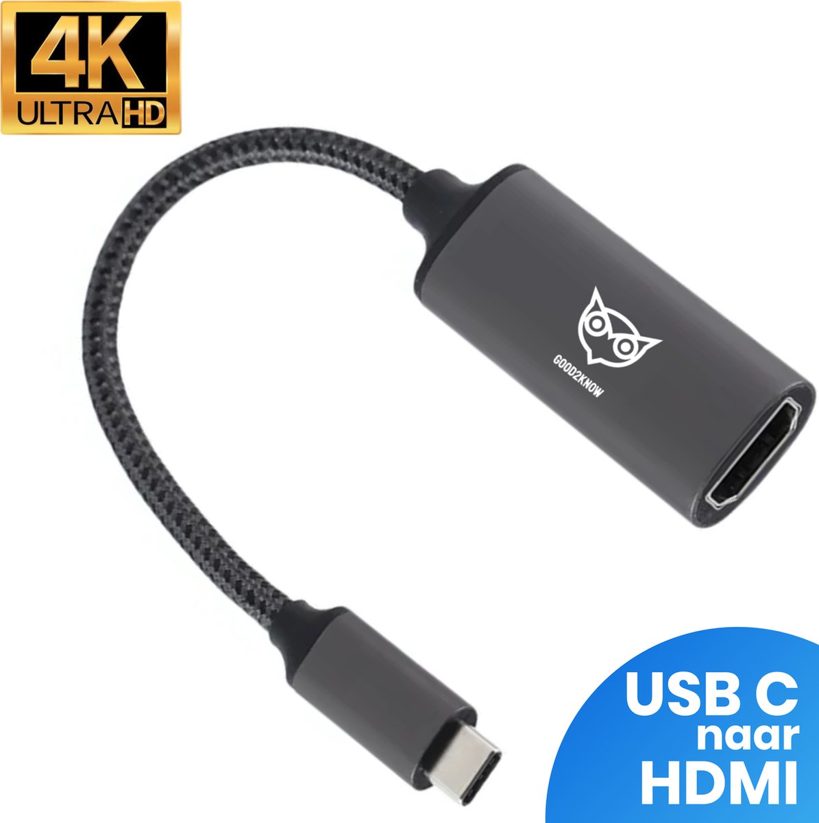 Good2know USB C naar HDMI Adapter - Ondersteunt 4K@60Hz - Type C to HDMI - Thunderbolt 3 - Nylon - Spacegray