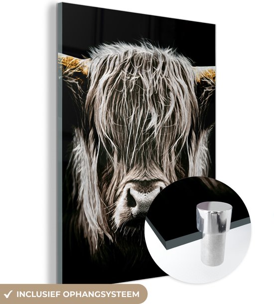 MuchoWow® Peinture sur Verre - Highlander écossais - Or - Cornes - Zwart et Blanc - Vache - Animaux - 60x80 cm - Peintures sur Verre Peintures - Photo sur Glas