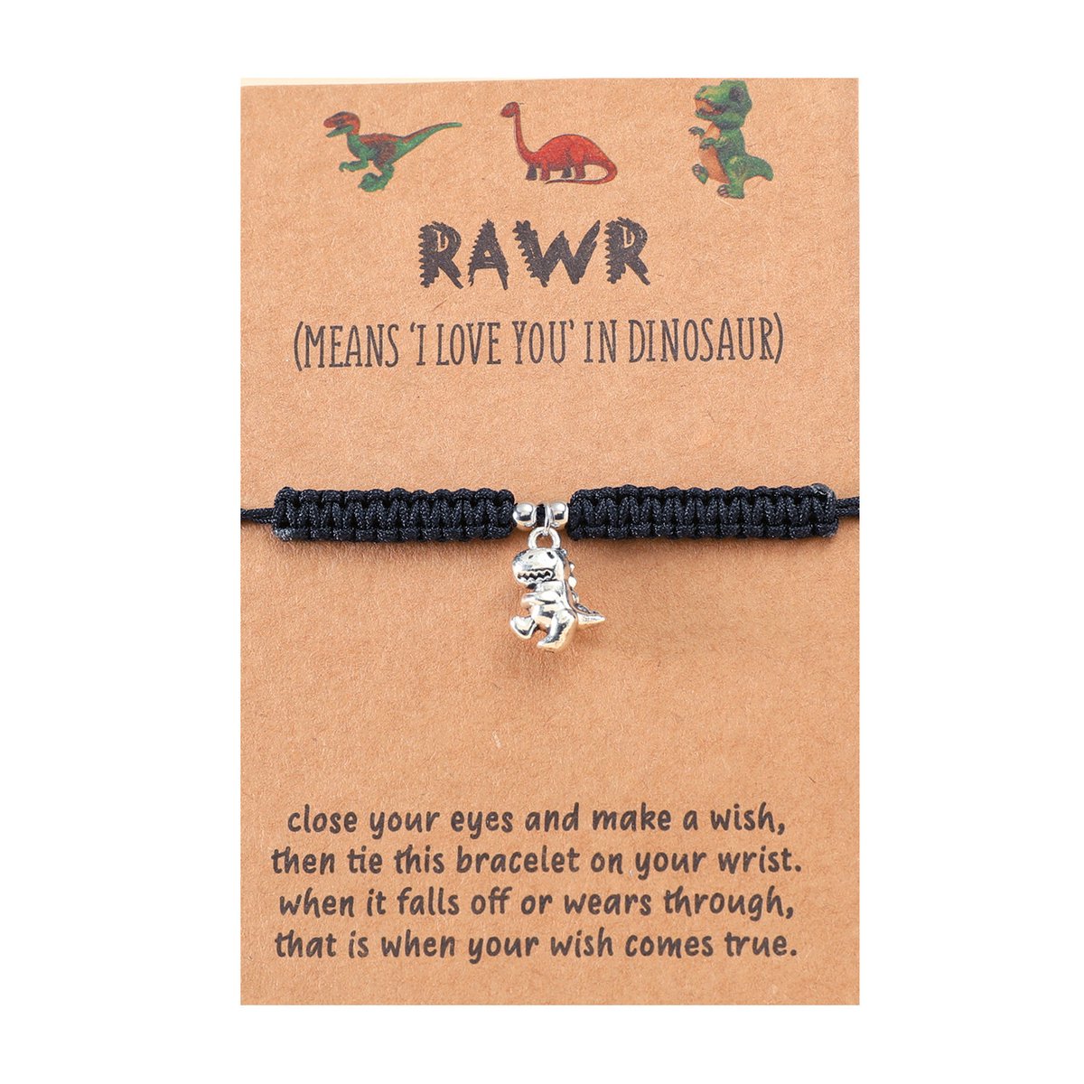 Armbandje met Dino Zilverkleurig - Zwart Bandje - Armband op Cadeau kaartje - Pax Amare