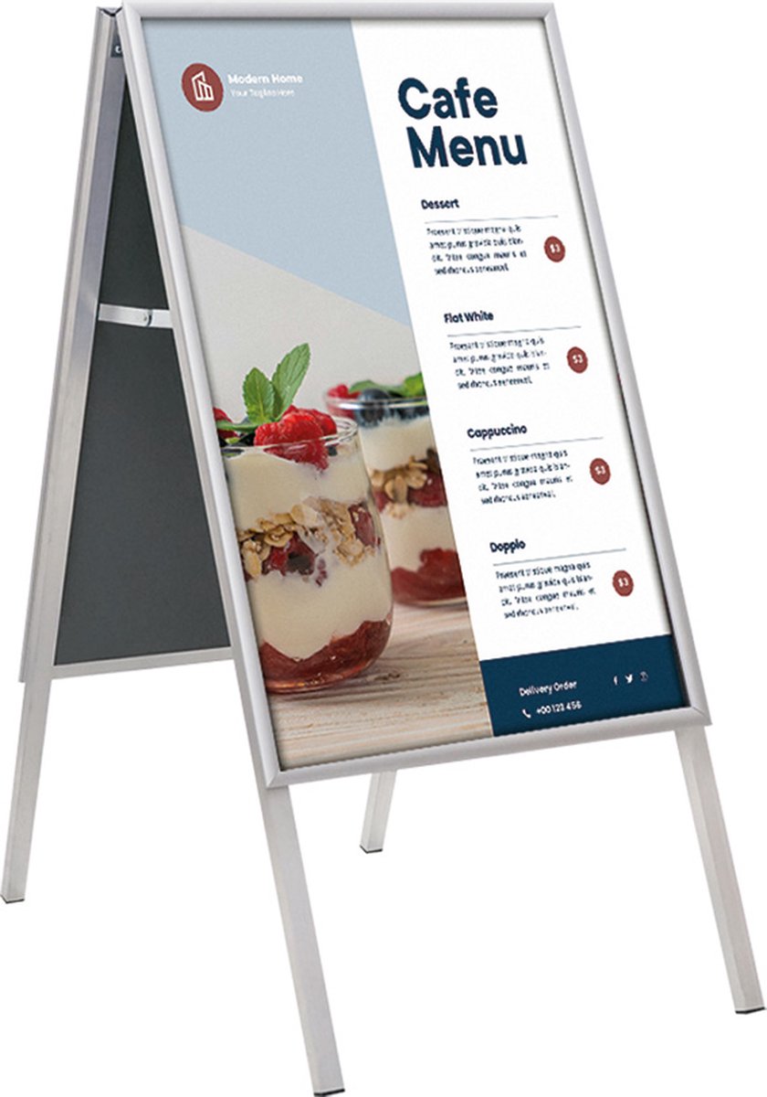 Europel Stoepbord - Kliklijst A1 formaat - 59,4 x 84 cm - 25 mm frame - Dubbelzijdige presentatie - Spatwater bestendig - Gemakkelijk op te bergen Zilver