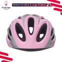 Roze en grijze fietshelm met ventilatiegaten, getoond aan de voorkant.