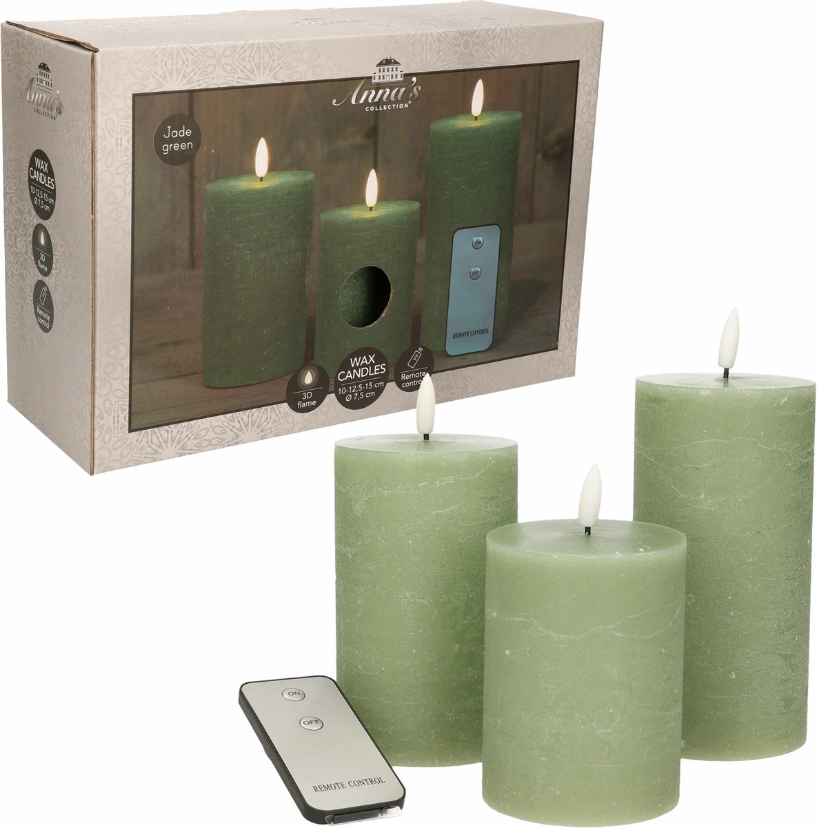 Anna's Collection LED Stompkaarsen met afstandsbediening - 6x - jade groen - 10/12.5/15 cm Olijf groen