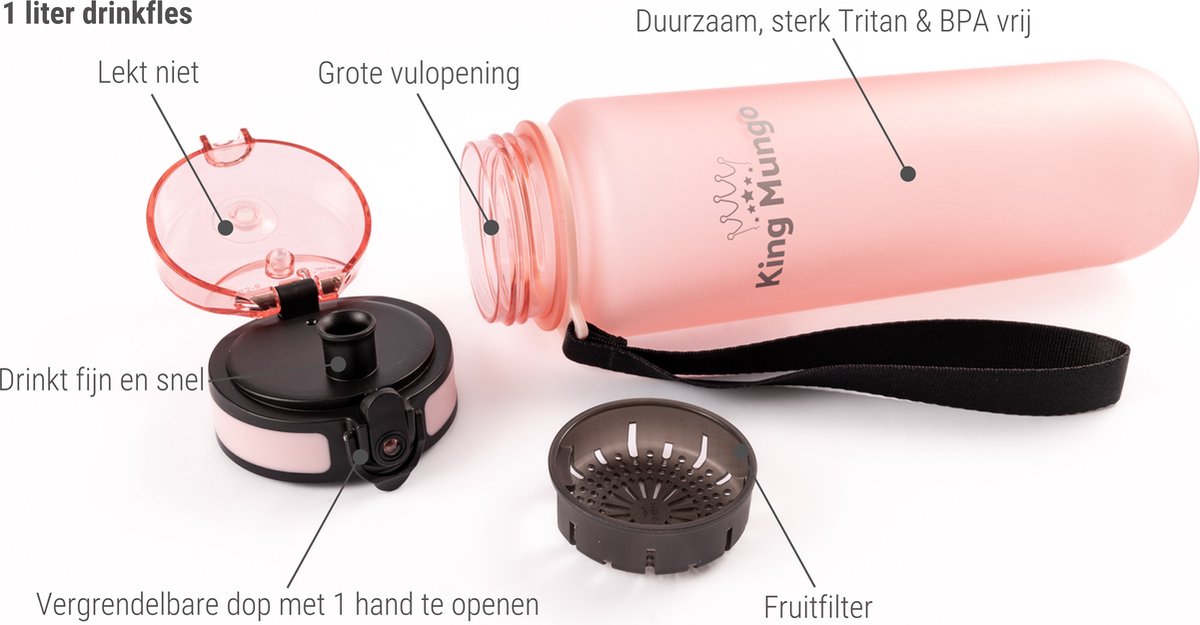 King Mungo Drinkfles 1 Liter Lichtroze - Sport Bidon 1000ml thumbnail 5