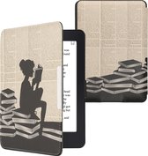 kwmobile hoes geschikt voor Amazon Kindle Paperwhite - Magnetische sluiting - E reader cover in zwart / beige - Meisje met boeken design
