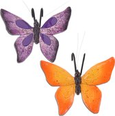 Tuindecoratie bloempothanger vlinder - set 2x - paars/oranje - kunststeen - 13 x 10 cm
