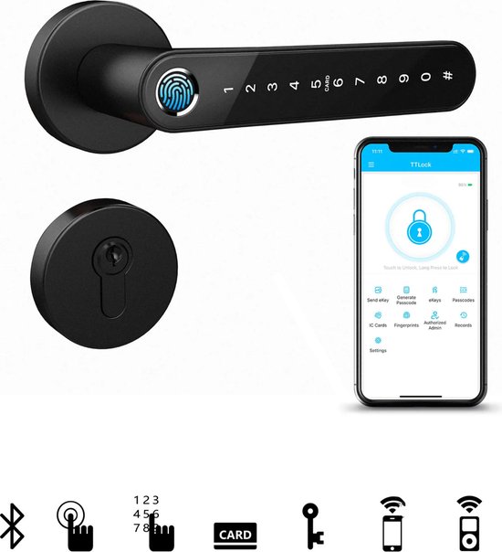 Elektronisch deurslot, met handmatige sleutel, Smart Keycard, wachtwoord en mobiele app, voor deurdikte van 1,4-1,8 inch en Europees standaard slotgat, wit