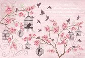 Fotobehang Birds Cherry Blossom Pink | XL - 208cm x 146cm | 130g/m2 Vlies