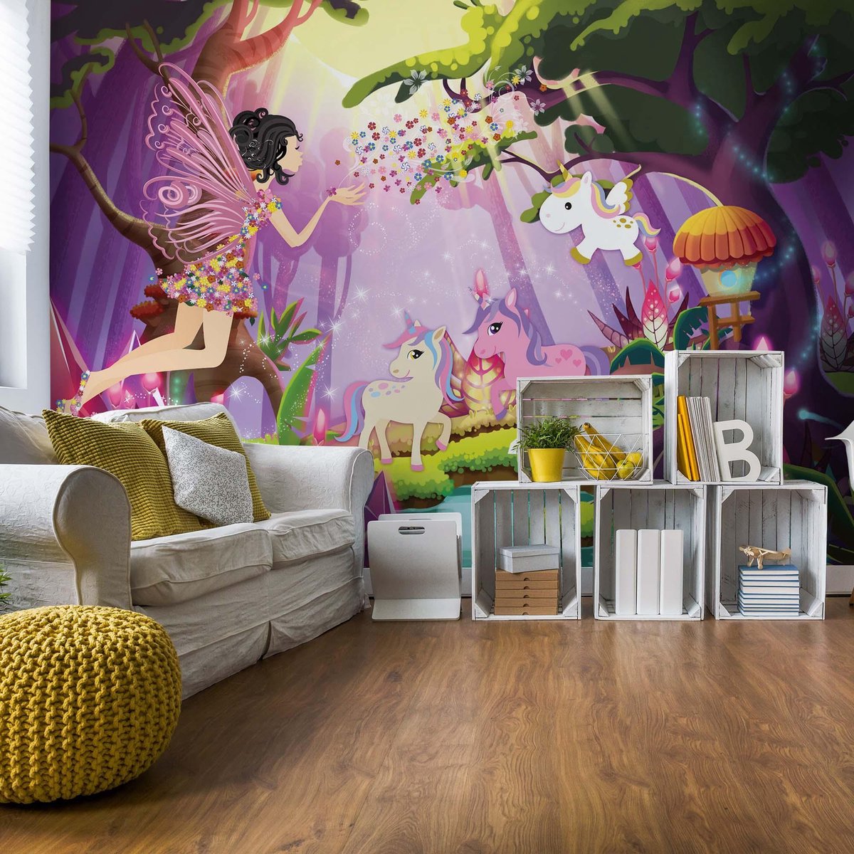 Fotobehang - Vlies Behang - Sprookjesbos - Fee en Unicorns - 312 x 219 cm