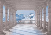 Fotobehang Mountain Scene Through The Arches | XL - 208cm x 146cm | 130g/m2 Vlies