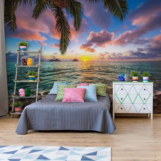 Foto: Fotobehang vlies behang zonsondergang aan zee palmboom strand tropisch 368 x 254 cm