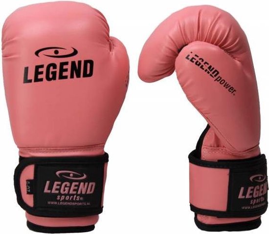 Een roze bokshandschoen met zwarte klittenbandsluiting en 'LEGEND sports' logo.