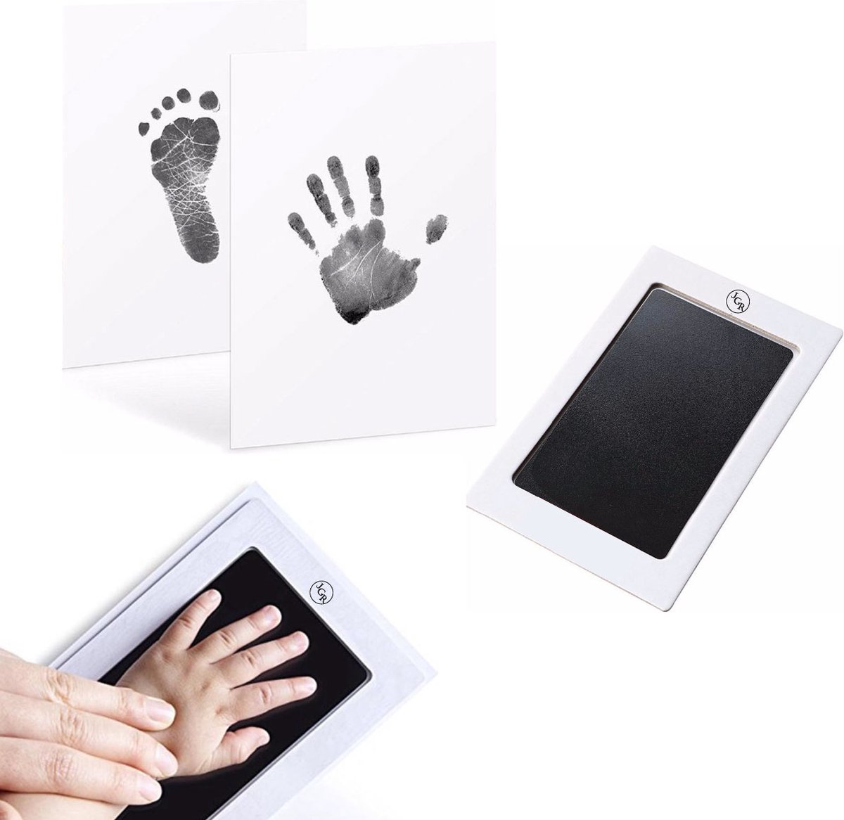 4 stuks - JGR - Baby handafdruk - Baby voetafdruk - Set - Baby Art - Kraamcadeau -Babyshower Cadeau – Inktafdruk – Pootafdruk Hond & Kat Inclusief beschrijving Nederlands/Engels