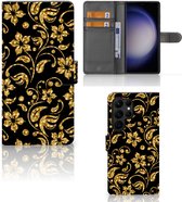 Telefoonhoesje Samsung Galaxy S23 Ultra Bookcase Cadeau voor Oma Gouden Bloemen