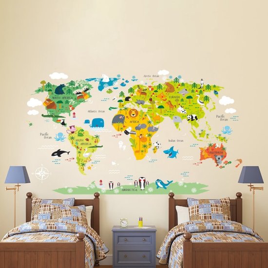 Muurstickers Wanddecoratie Wereldkaart - Kinderen - 70 x 100 cm - Diverse cartoon dieren - Waterdichte stickers