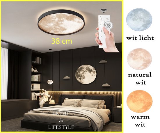 Levabe - Moderne Maan Led Plafondlamp - Dimbare - Glans - Maanlamp - Woonkamer - Slaapkamer - afstandsbediening - Plafond licht - 38CM - Zwart