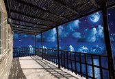 Fotobehang - Vlies Behang - Terras met Uitzicht op de Sterren, Maan en Zee 3D - 208 x 146 cm