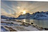 Acrylglas - Landschap bedekt door Sneeuw tijdens Zonsondergang - 120x80 cm Foto op Acrylglas (Met Ophangsysteem)
