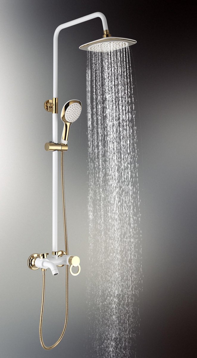 Badkamer Douche Set Kop Kraan Wit Goud Messing Bad Mengkraan Muur