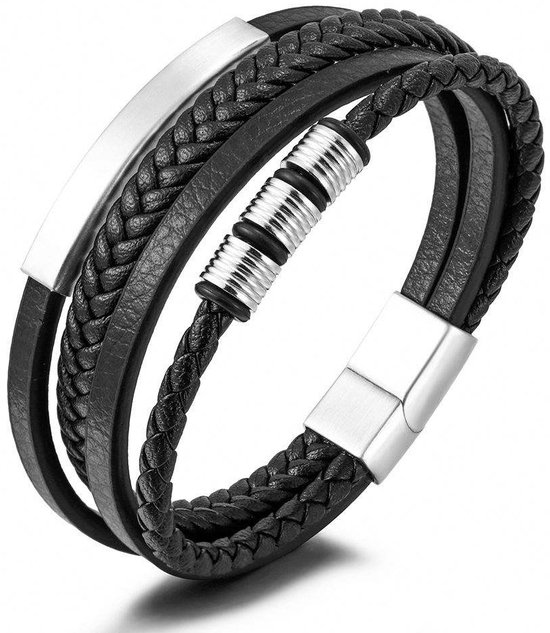Armband Heren - Zwart Leer met Zilver kleurige Accenten - Dubbel Gevlochten - Leren Armbanden - Cadeau voor Man - Mannen Cadeautjes