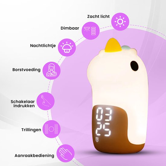 Slaaptrainer kinderen - Kinderwekker - Nachtlampje Kinderen - Slaaptrainer konijn - Dimbaar - Konijntje - Wit - Klokje Rond