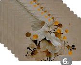 Placemat - Placemats kunststof - Bloemen - Planten - Goud - Vintage - 45x30 cm - 6 stuks - Hittebestendig - Anti-Slip - Onderlegger - Afneembaar