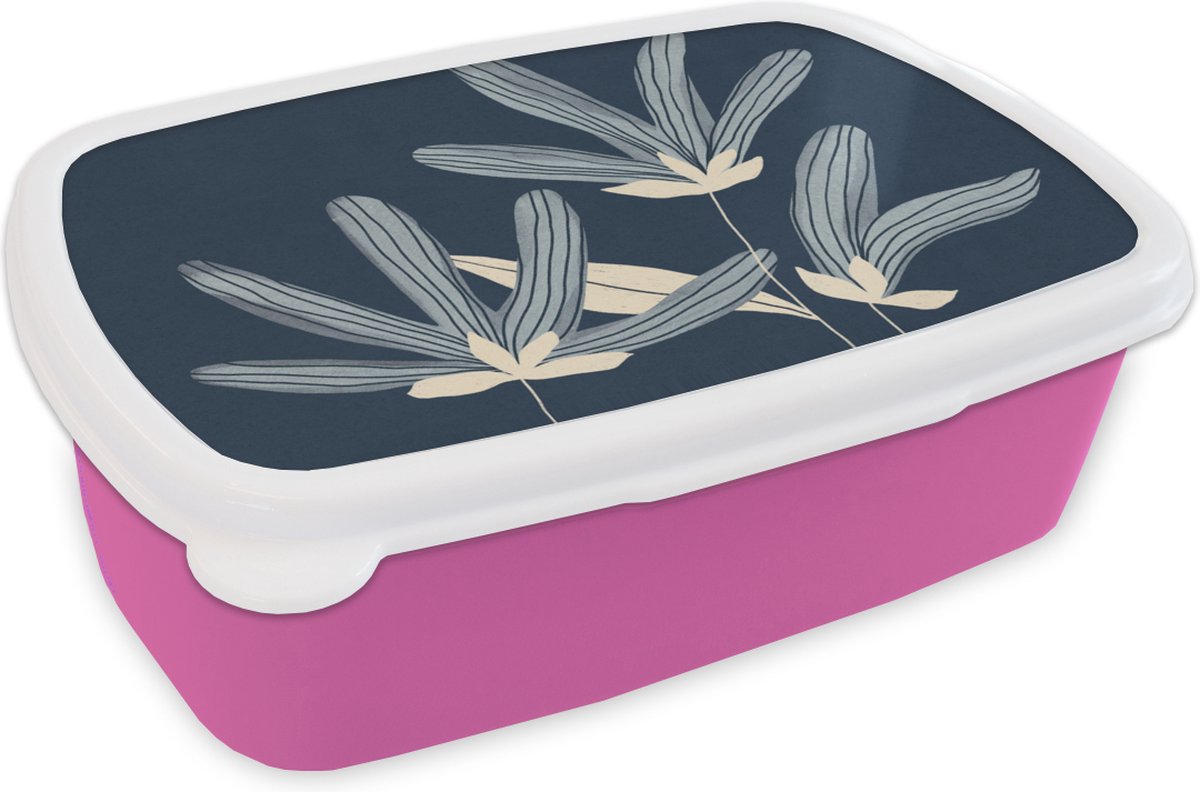 Broodtrommel Roze - Lunchbox - Brooddoos - Bloemen - Blauw - Planten - Natuur - 18x12x6 cm - Kinderen - Meisje